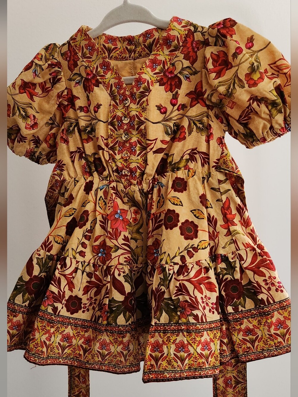 A Loves A Girls' Floral Puff-Sleeve Dress in Mustard and Red